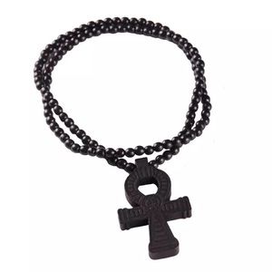 Black Ankh and Adinkra Wood Beaded Necklace